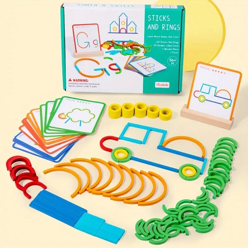 Wooden Sticks and Rings Pattern Matching Puzzle Cards - D41 - Default Title - Odeez | Educational Toys Pakistan