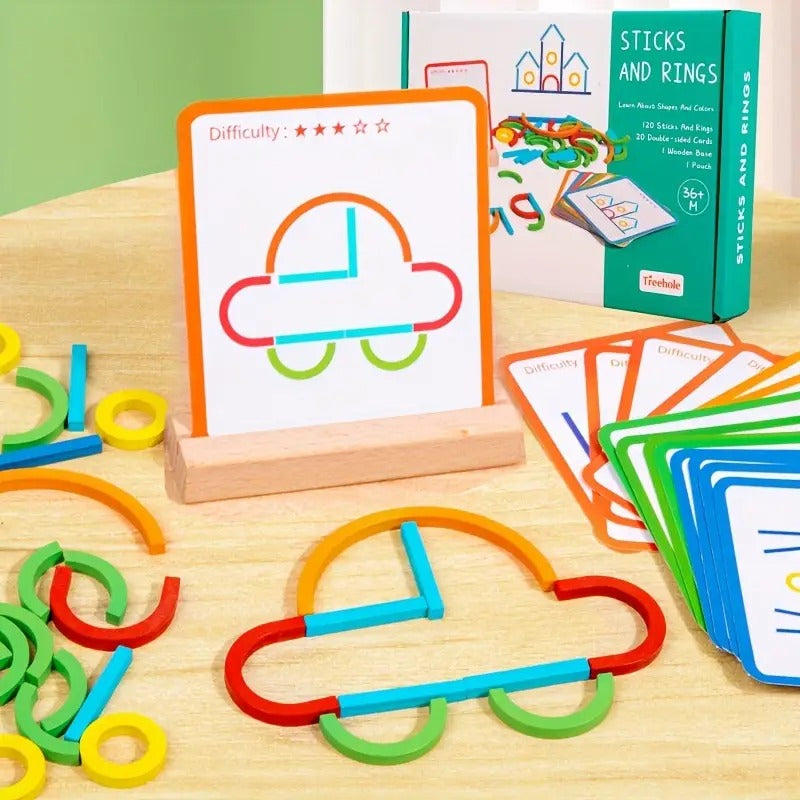 Wooden Sticks and Rings Pattern Matching Puzzle Cards - D41 - Default Title - Odeez | Educational Toys Pakistan