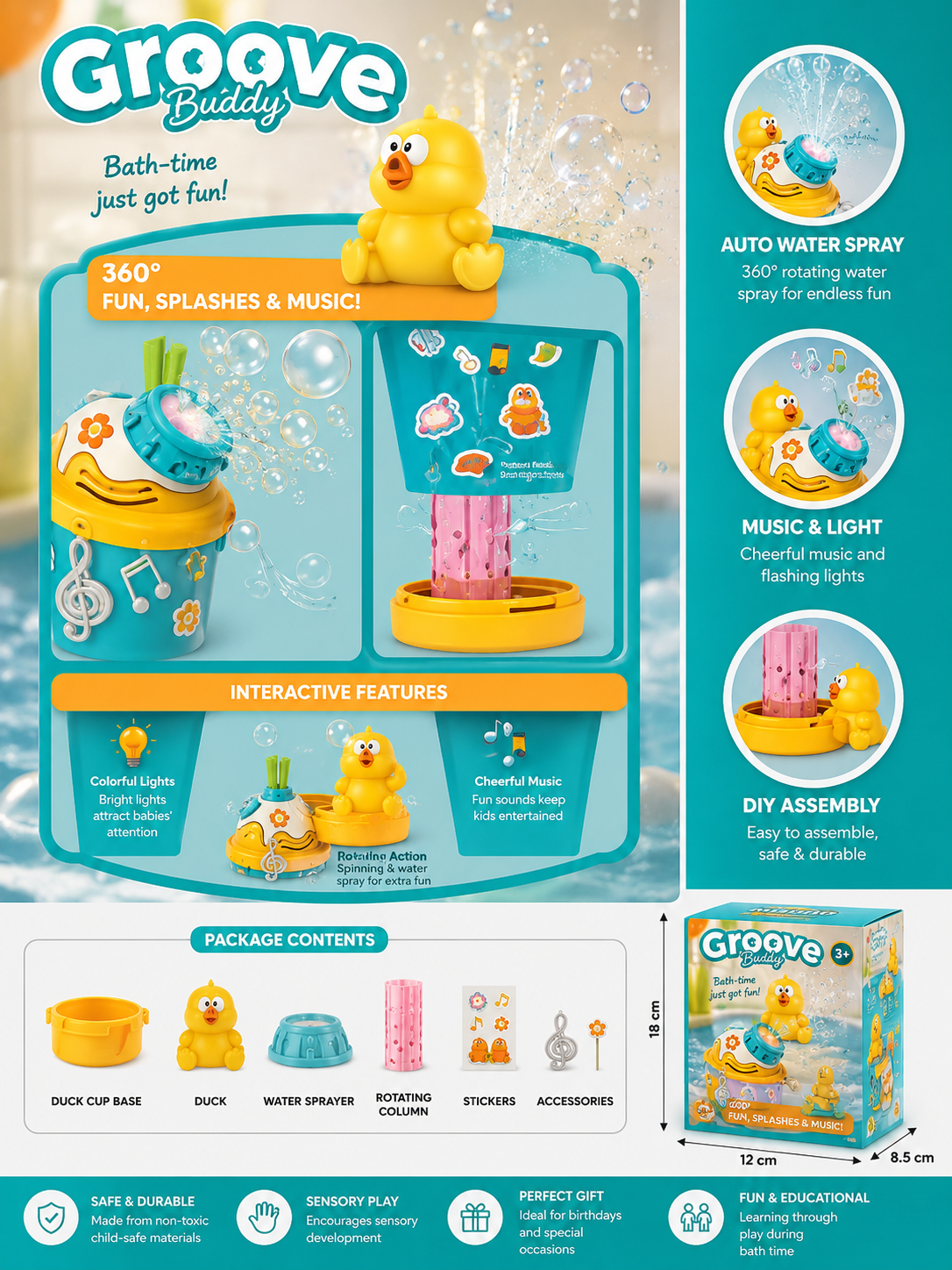 Groove Buddy Duck Cup Bath Water Spray Toy - 25Y