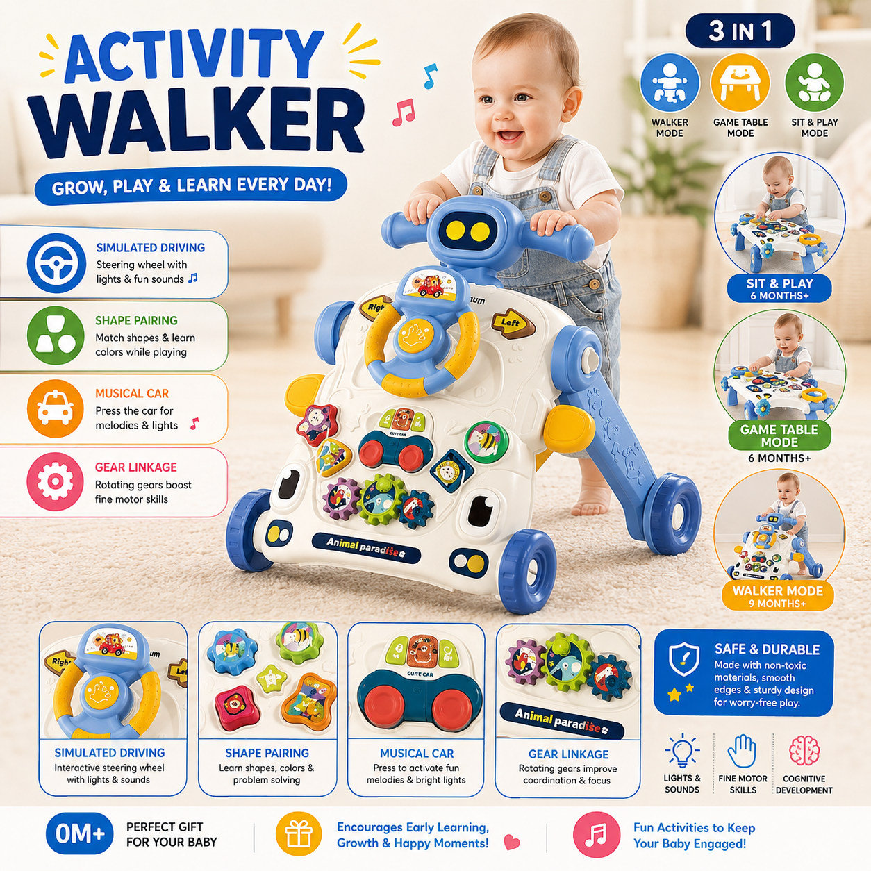 3in1 Baby Activity Walker with Game Table and Musical Steering Wheel 6043