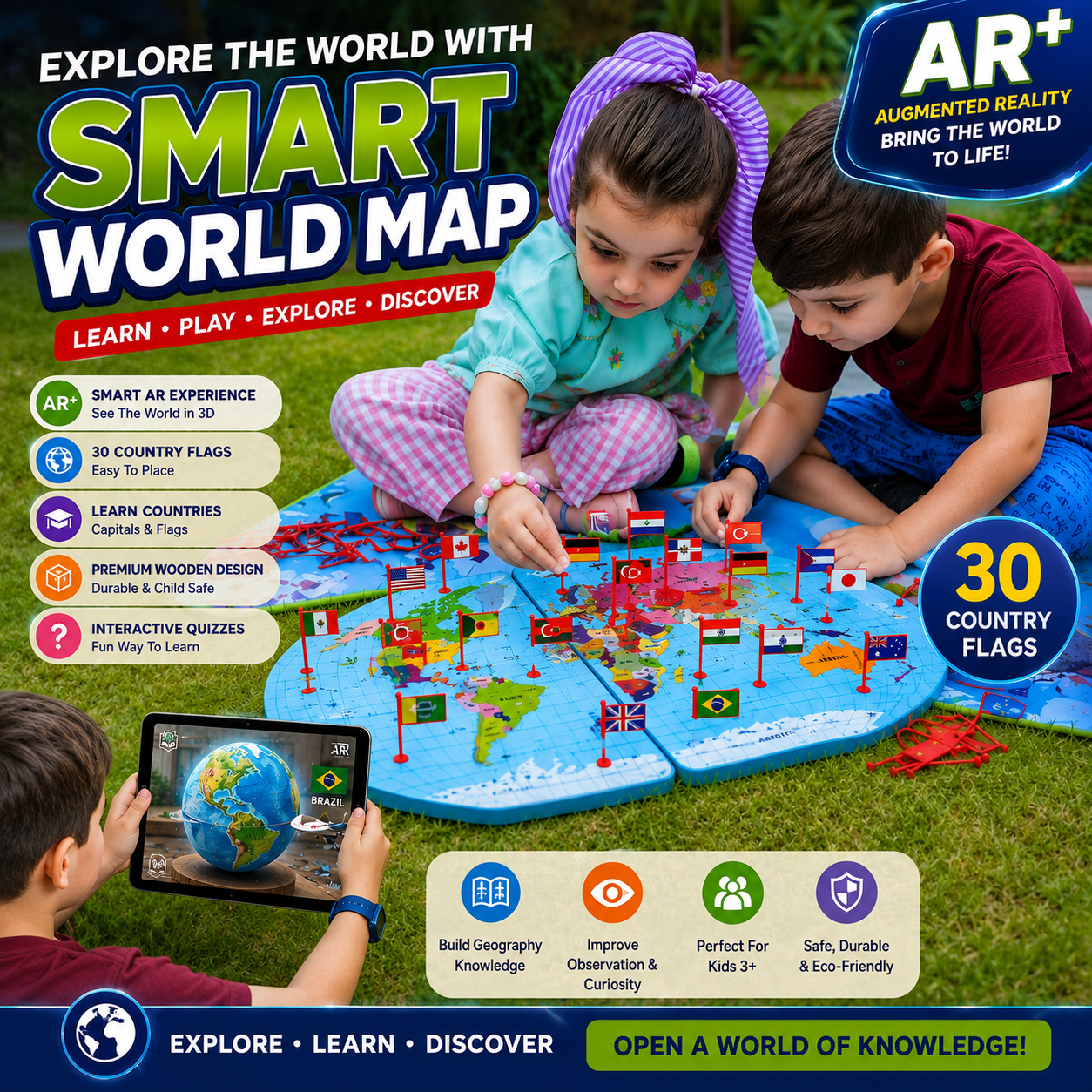 AR Smart World Map – Wooden 30 Countries Flags
