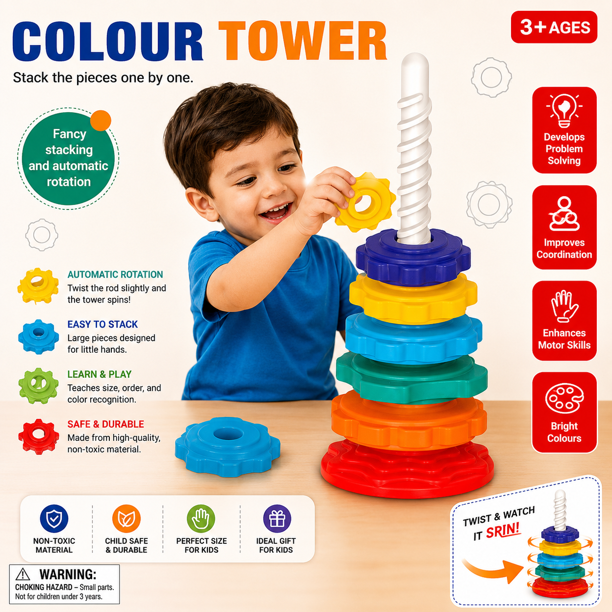 Colour Tower Stacking Toy Rotating Ring Puzzle for Kids - 688