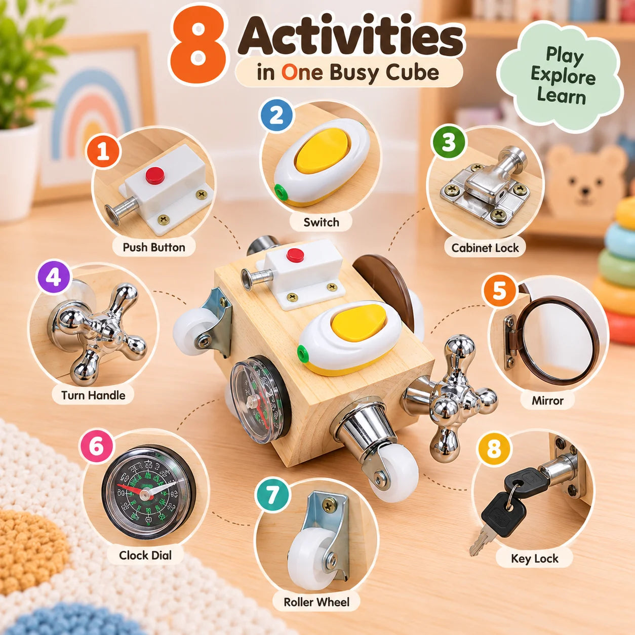 Wooden 8in1 Sensory Activity Interactive Busy Cube