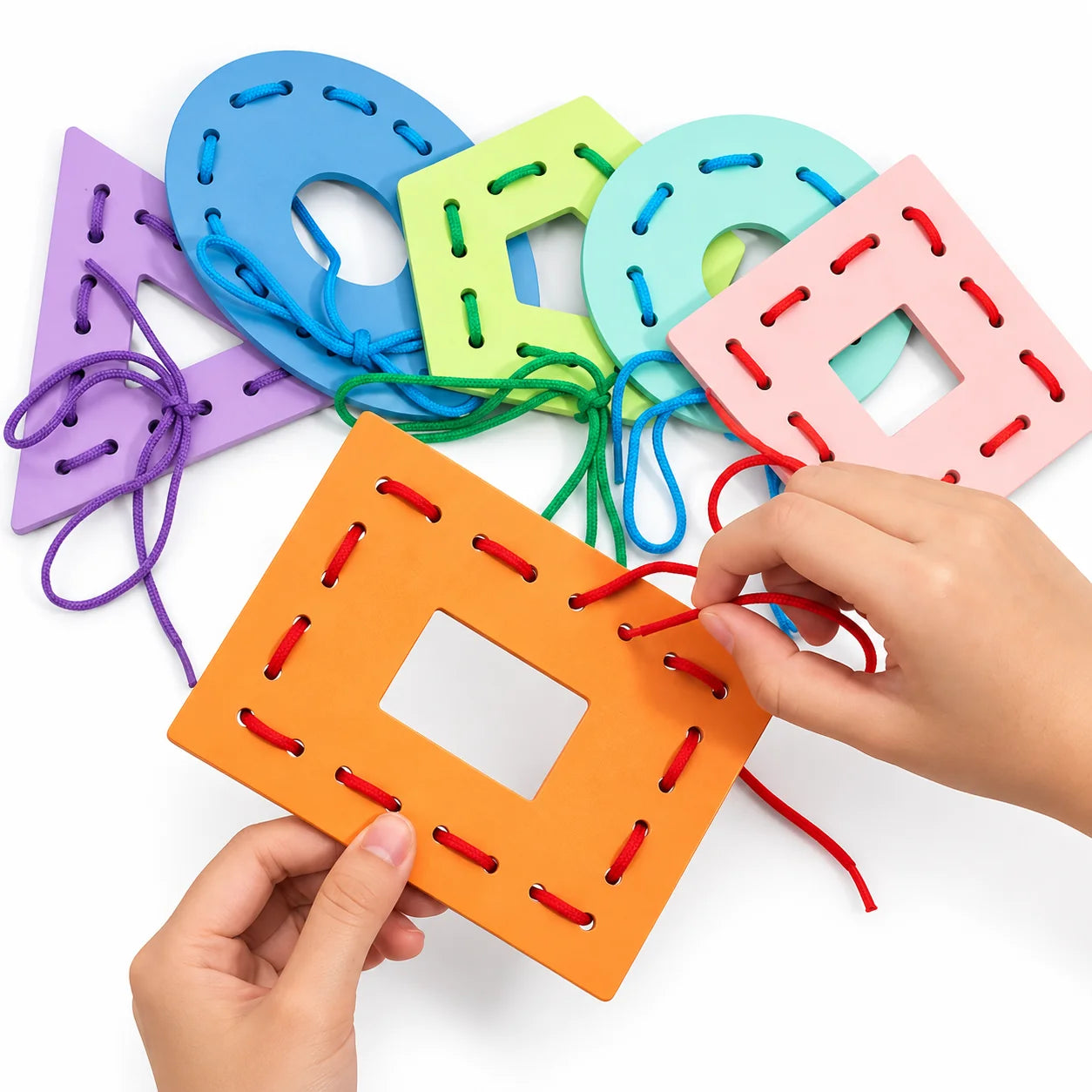 Wooden Multicolor Geometric Shapes Threading Activity Set