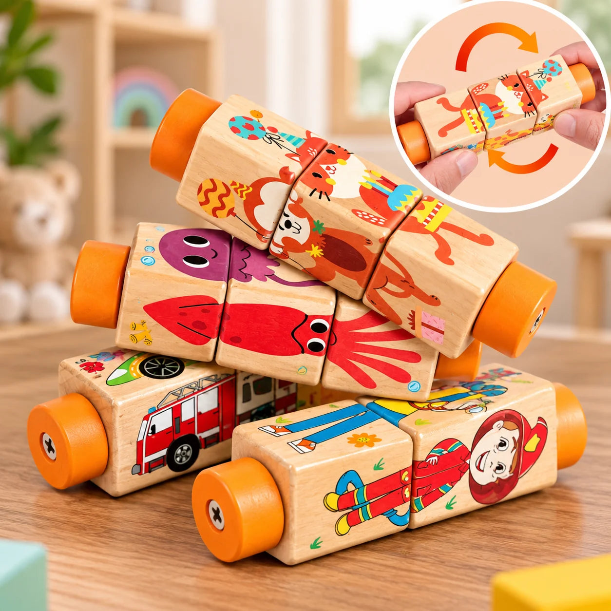 Wooden Four-Sided Rotating Block Puzzle