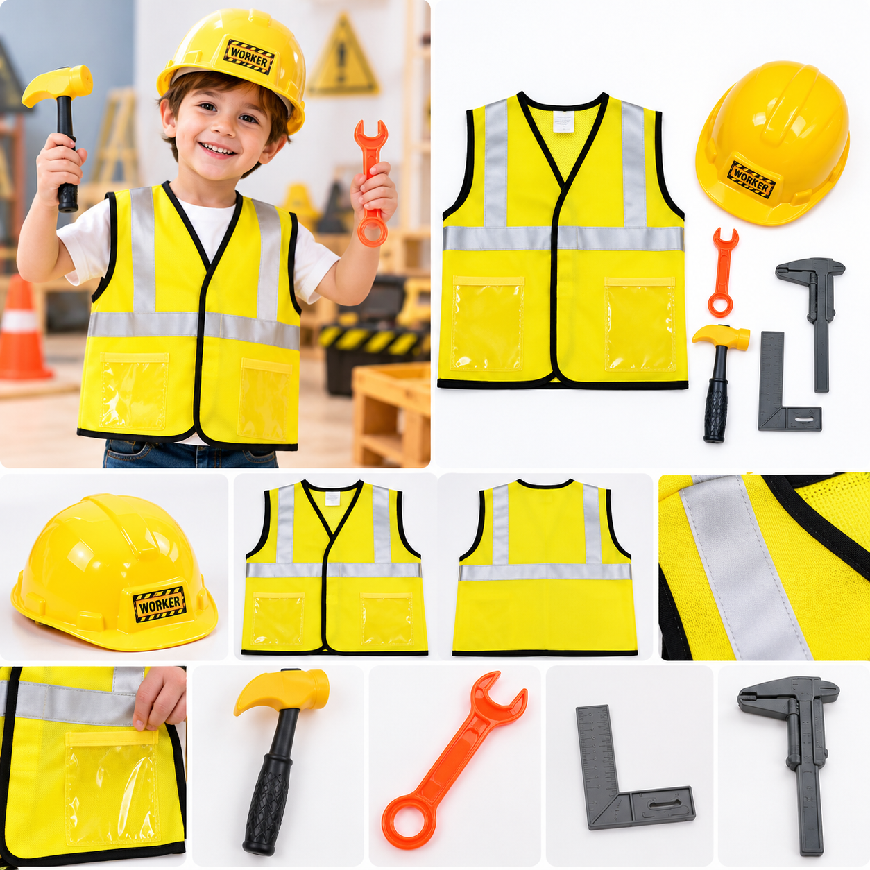Construction Worker Costume for Kids with Pretend Play Accessories