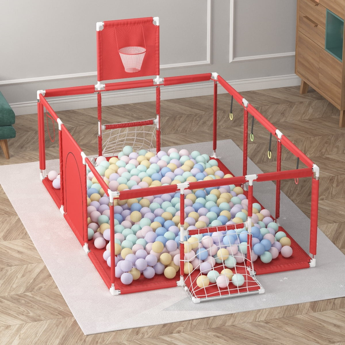 Rectangle Safety Playpen Basketball and Football Arena for Kids - Gray-Blue-Red - Odeez | Educational Toys Pakistan