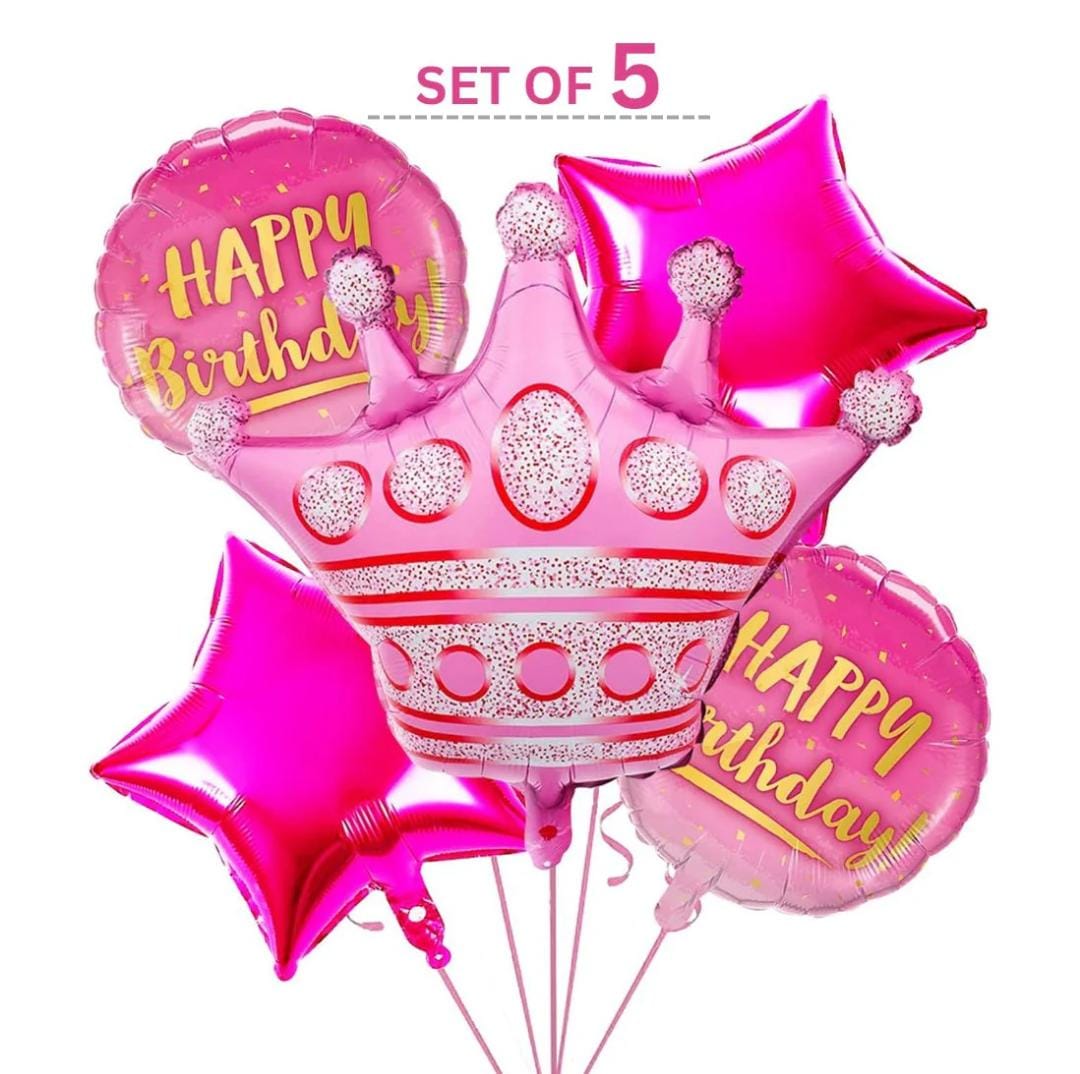 Princess Theme Happy Birthday Smile Foil Balloons Pink - Pack of 5 - Default Title - Odeez | Educational Toys Pakistan