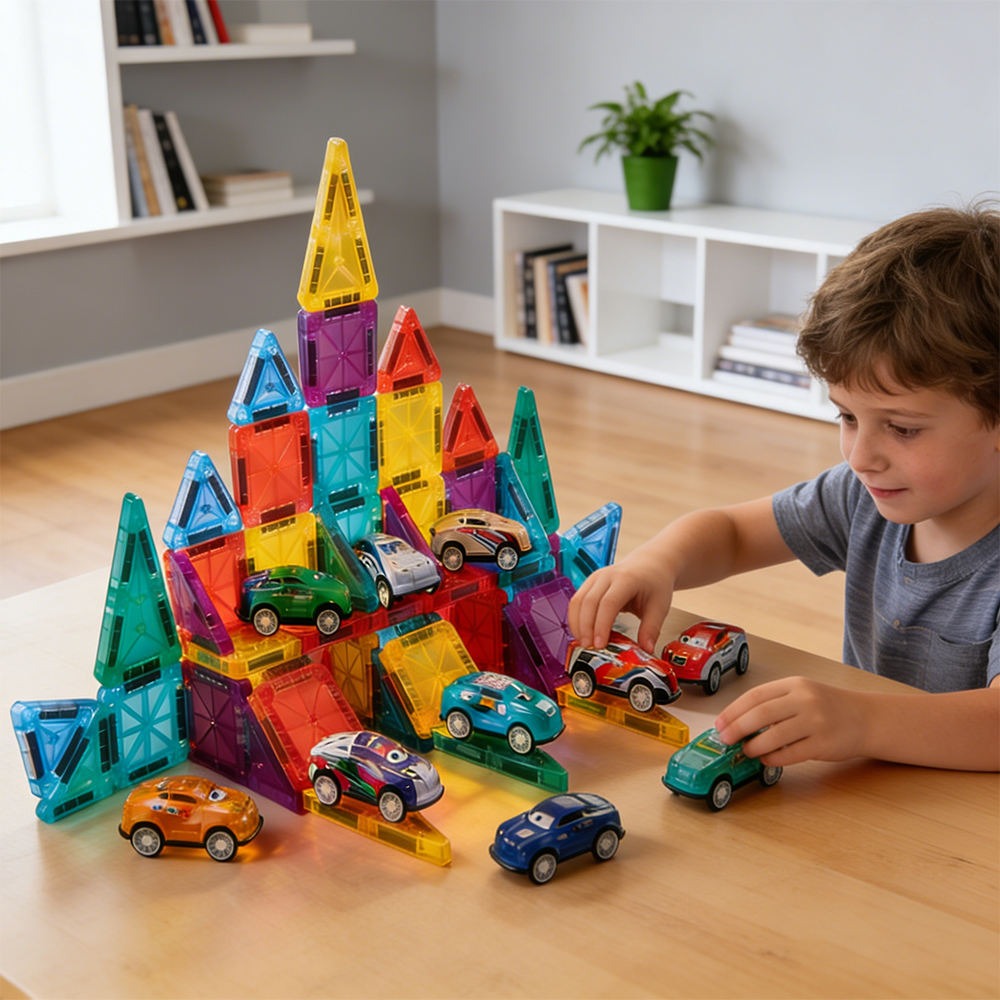 Magnetic Tile Car Building Set 78 Tiles with 10 Cars - 527