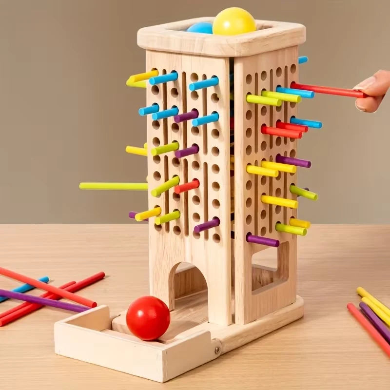Wooden 3in1 Stick Pulling, Ball Drop and Color Sorting Activity Tower