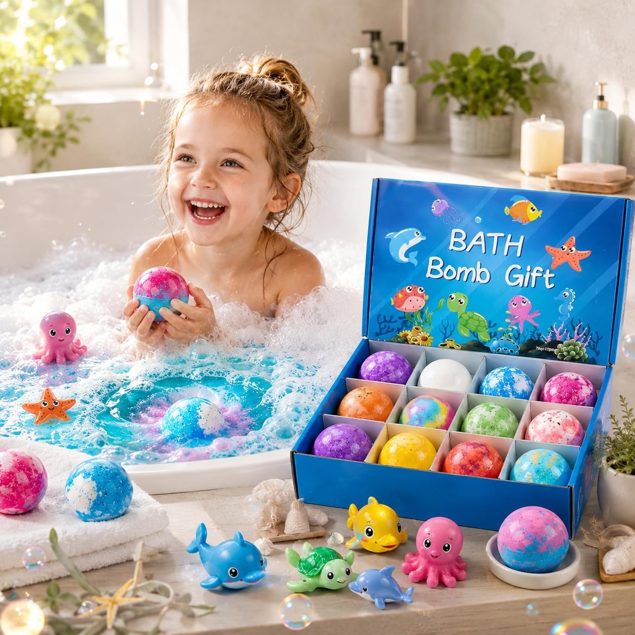 Colorful Bath Bomb Gift Set with Colorful Fizzy Surprise Sea Animals
