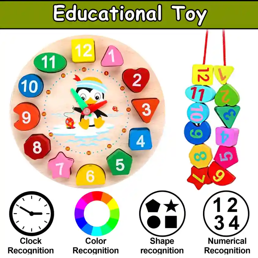 Wooden Cognitive Color and Shape Sorting Clock Number Lacing - 020