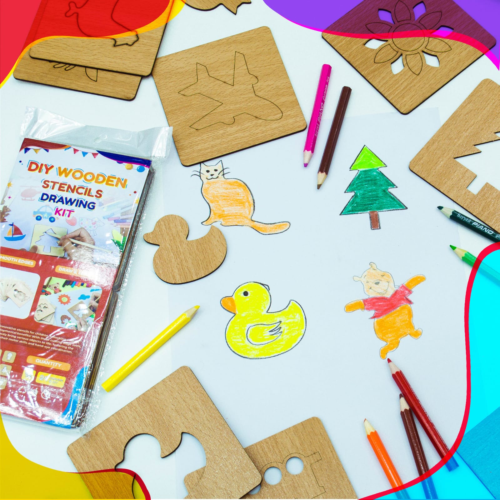 DIY Wooden Stencils Drawing Kit - 12 Pieces - Default Title - Odeez | Educational Toys Pakistan 