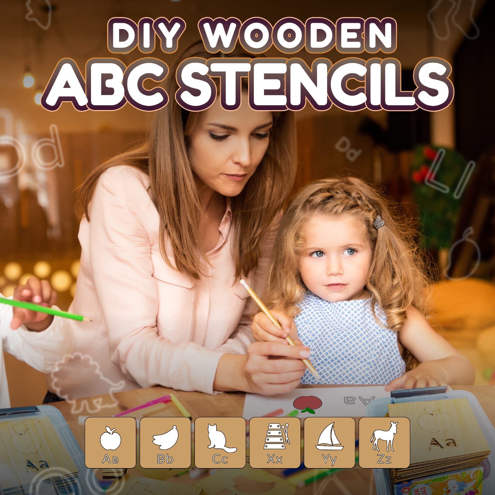 A to Z Learning Wooden Stencils Box with Colors - 014 - Default Title - Odeez | Educational Toys Pakistan 