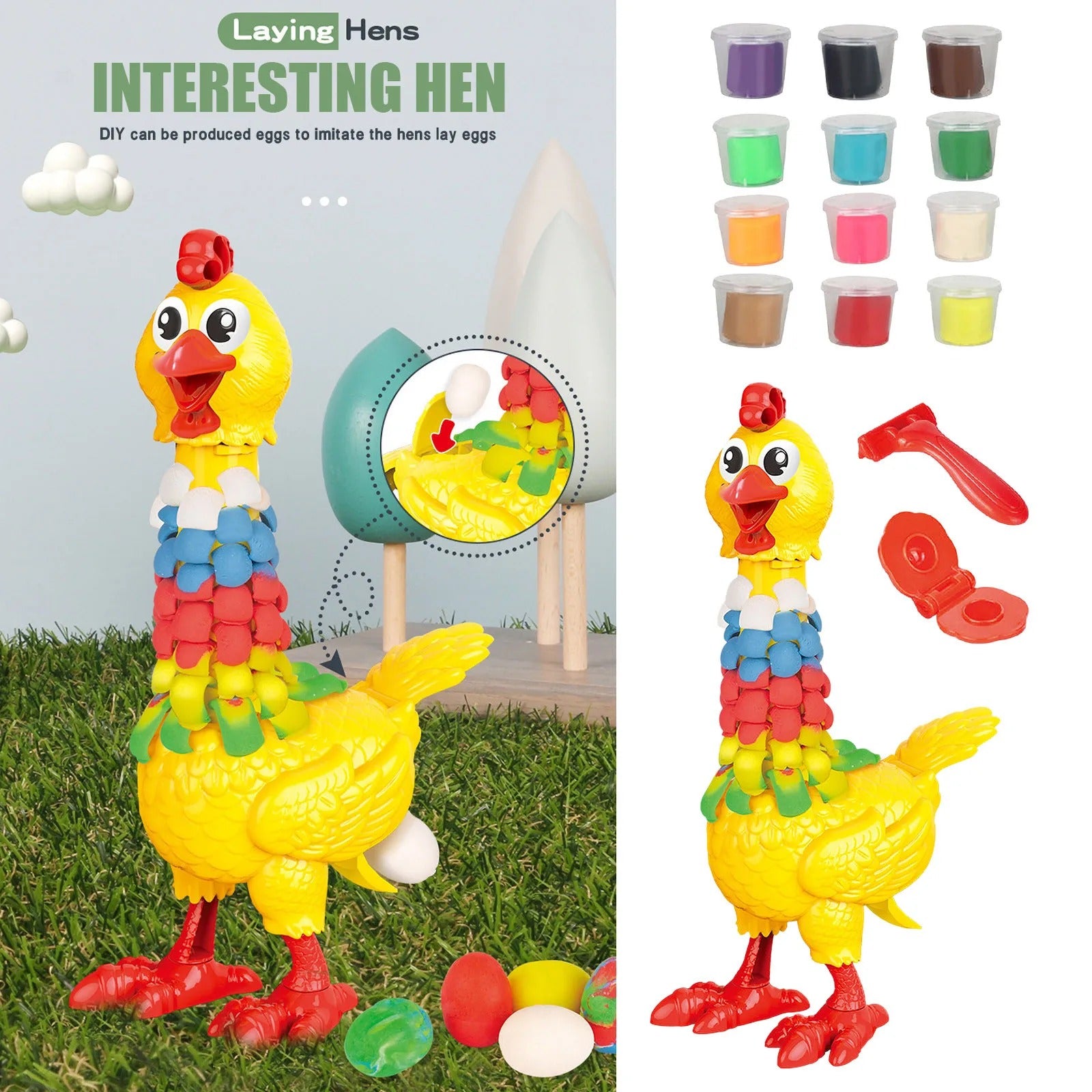 DIY Colorful Feathers Chicken Play Dough Laying Eggs - 286 - Default Title - Odeez | Educational Toys Pakistan 