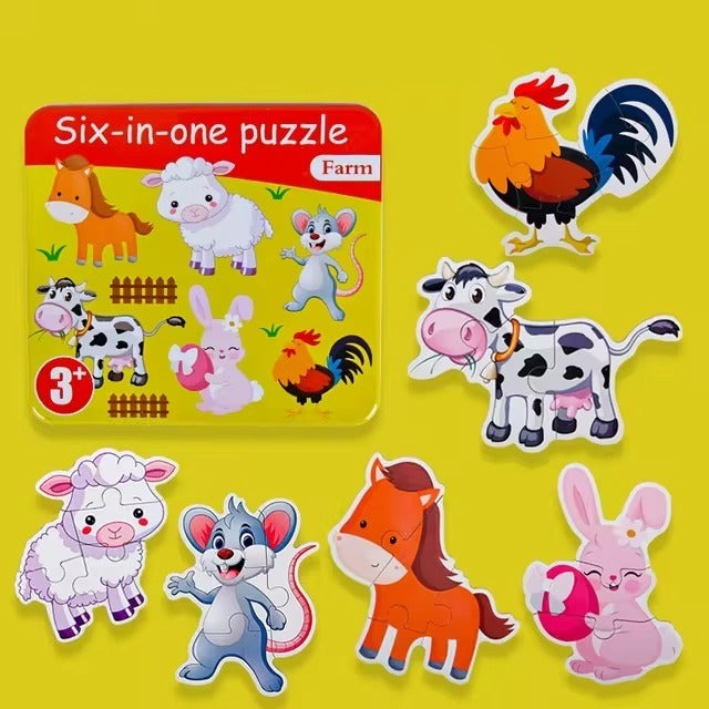 6in1 Jigsaw Puzzle with Number Farm Animal Tin Box - 523 - Default Title - Odeez | Educational Toys Pakistan 
