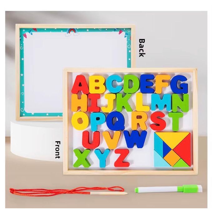 3in1 Wooden Alphabet Matching Board with Whiteboard and Tangram Puzzle