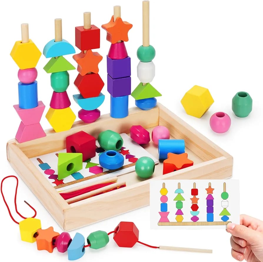 Wooden Five Sets of Shape Columns Bead Lacing Kit - 514 - Default Title - Odeez | Educational Toys Pakistan 