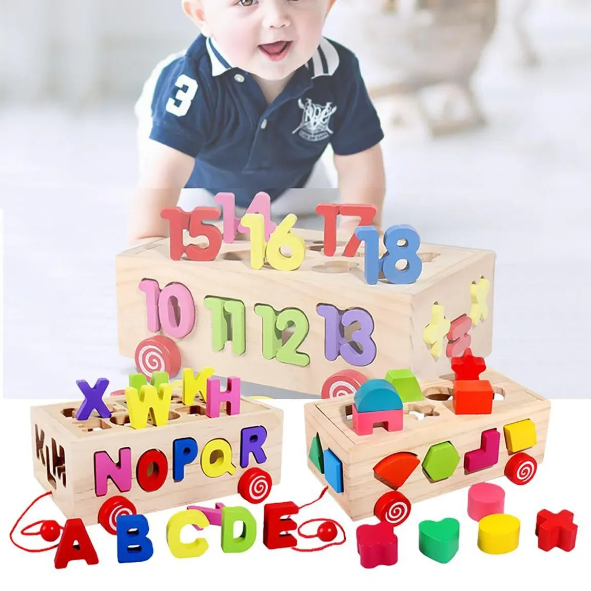 Wooden 3D Learning and Pulling Bus Cart - 874 - 26 Letter-26 Number - Odeez | Educational Toys Pakistan 