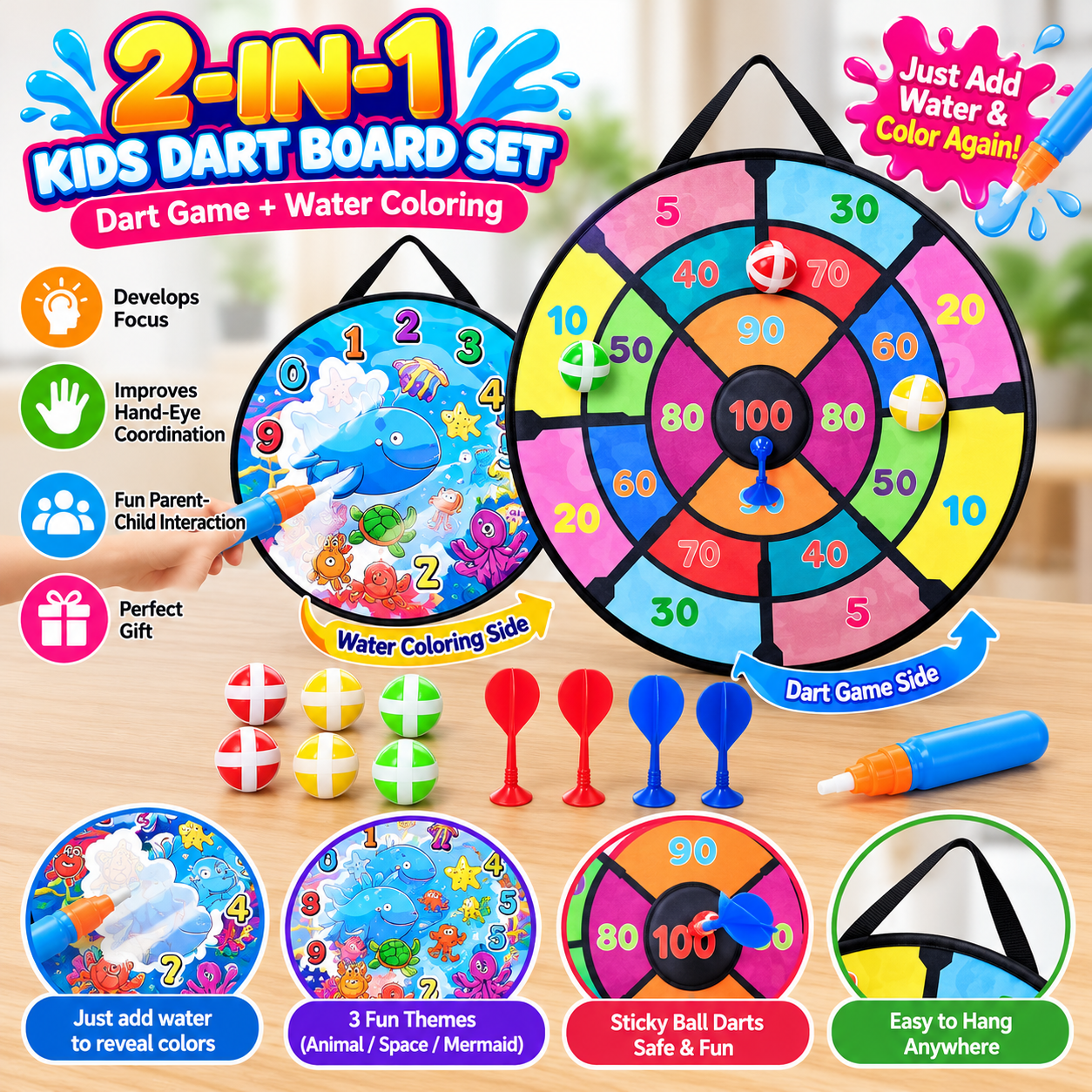 2in1 Sticky Ball Darts Board and Water Doodle Activity - 801