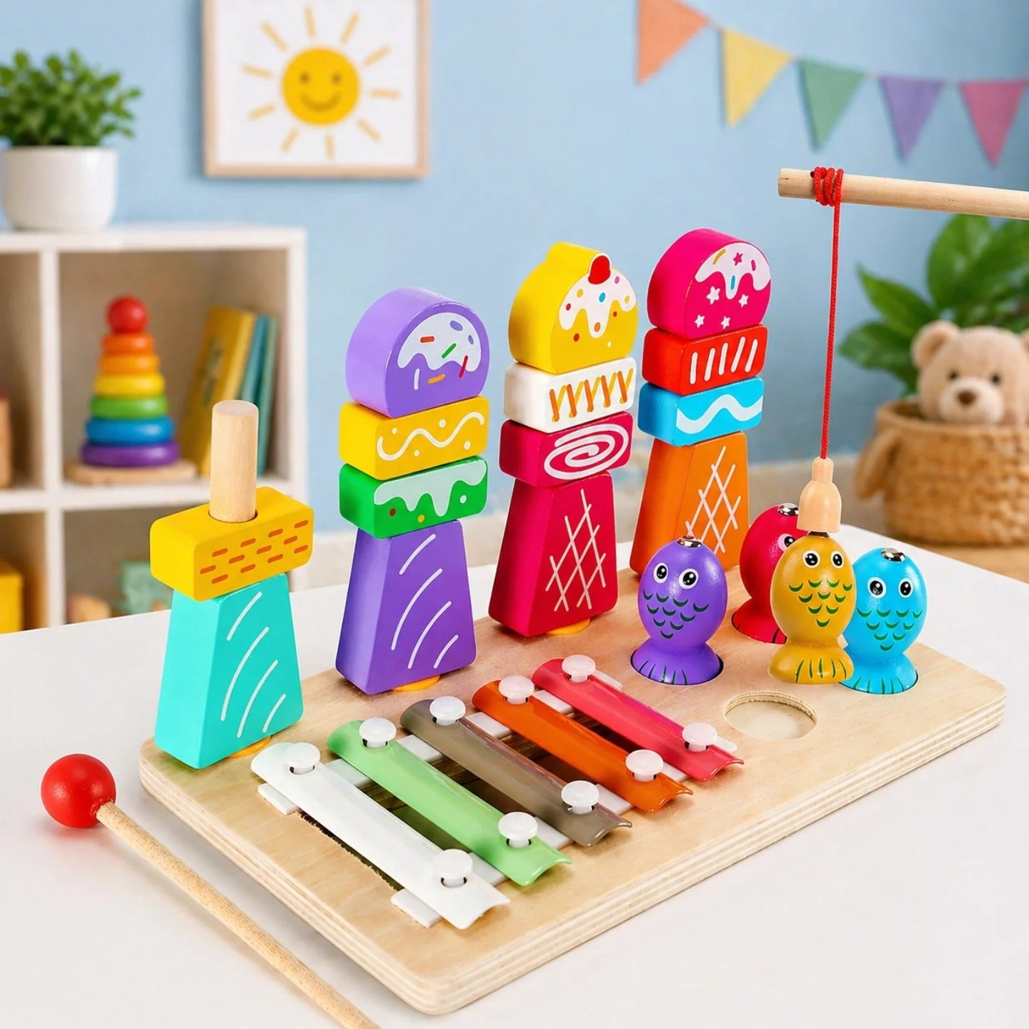 3 in 1 Fishing, Icecream Sorting and Xylophone Wooden Activity Board - 866