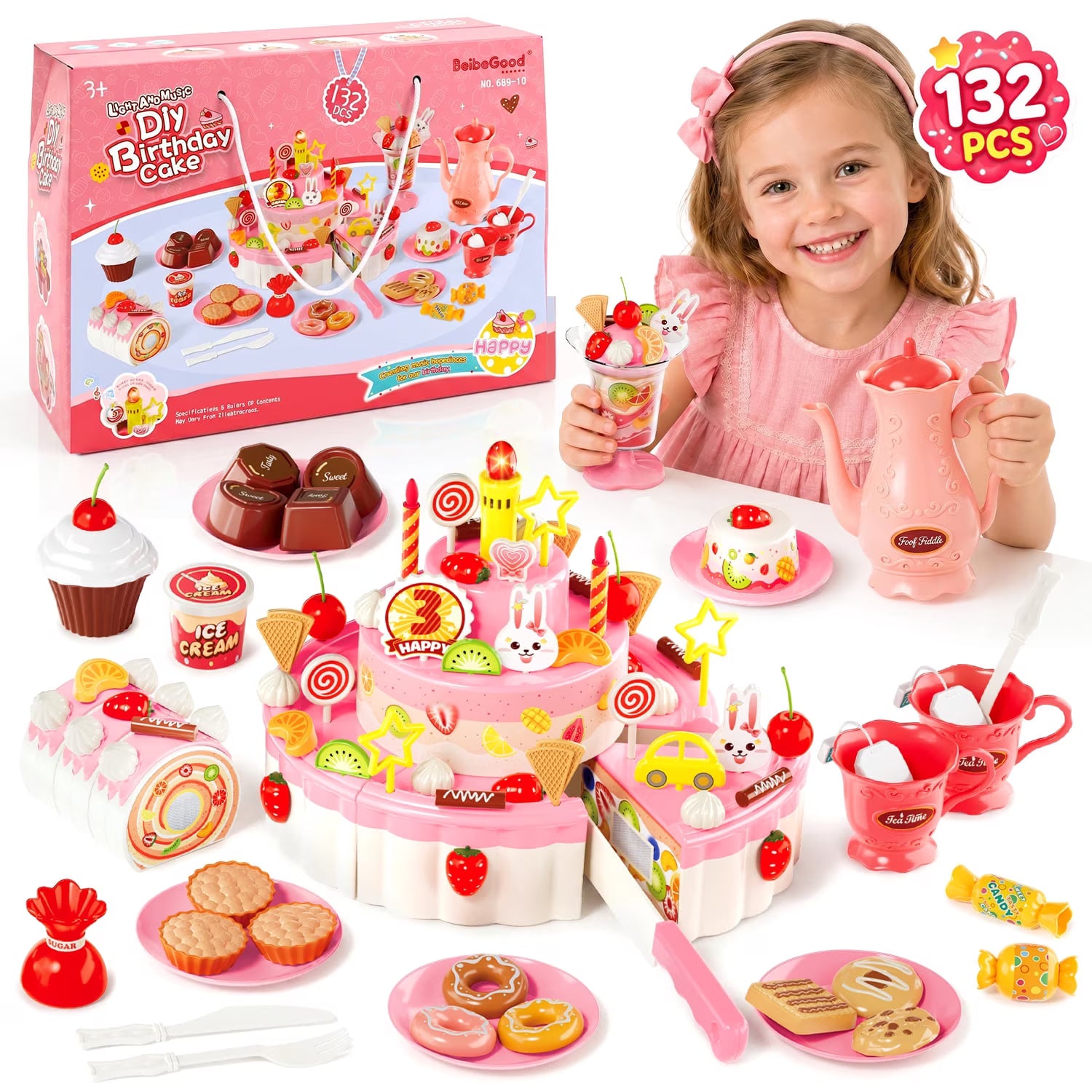 132 Pieces DIY Birthday Cake Pretend Play Set