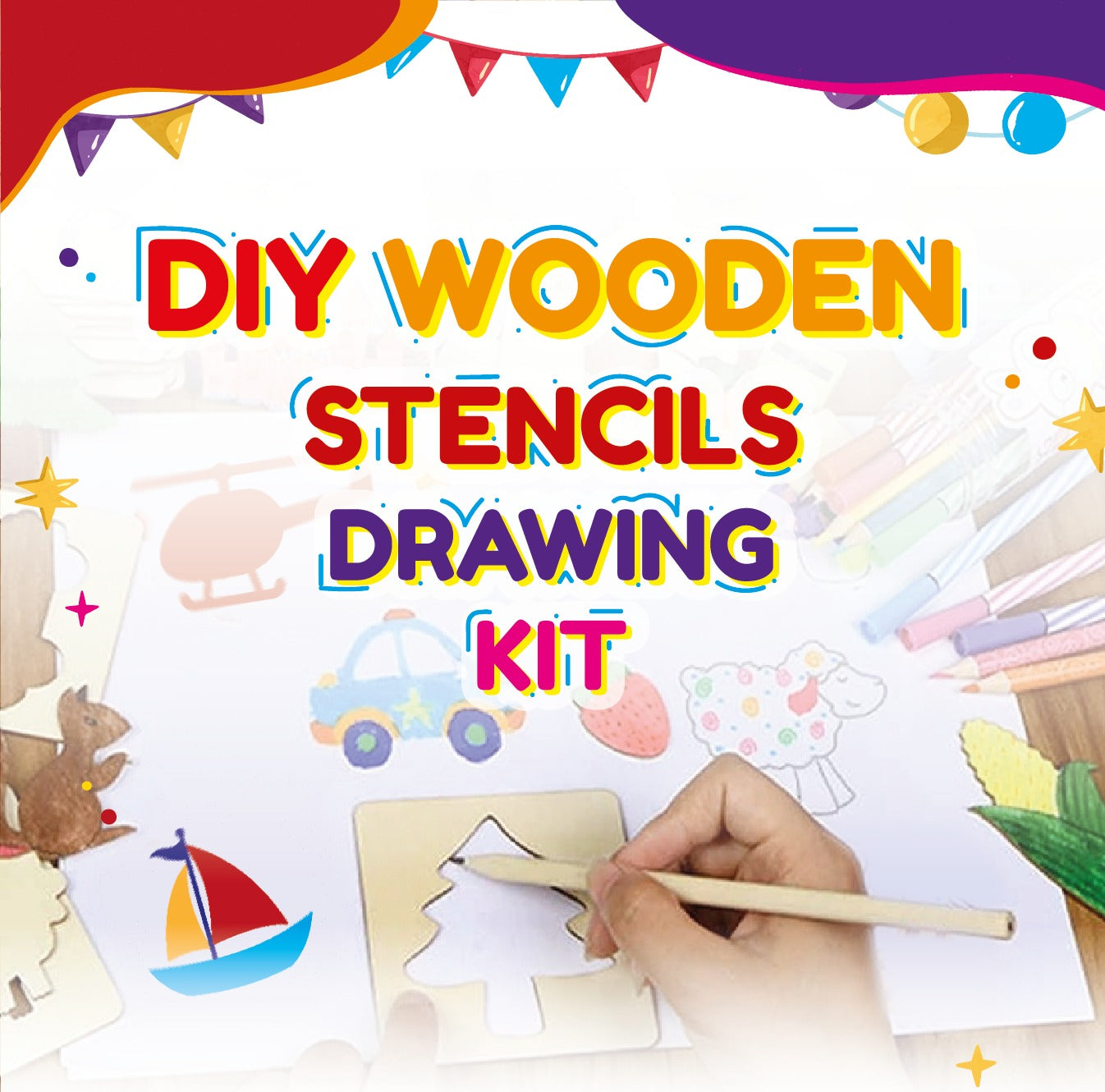 DIY Wooden Stencils Drawing Kit - 12 Pieces - Default Title - Odeez | Educational Toys Pakistan 