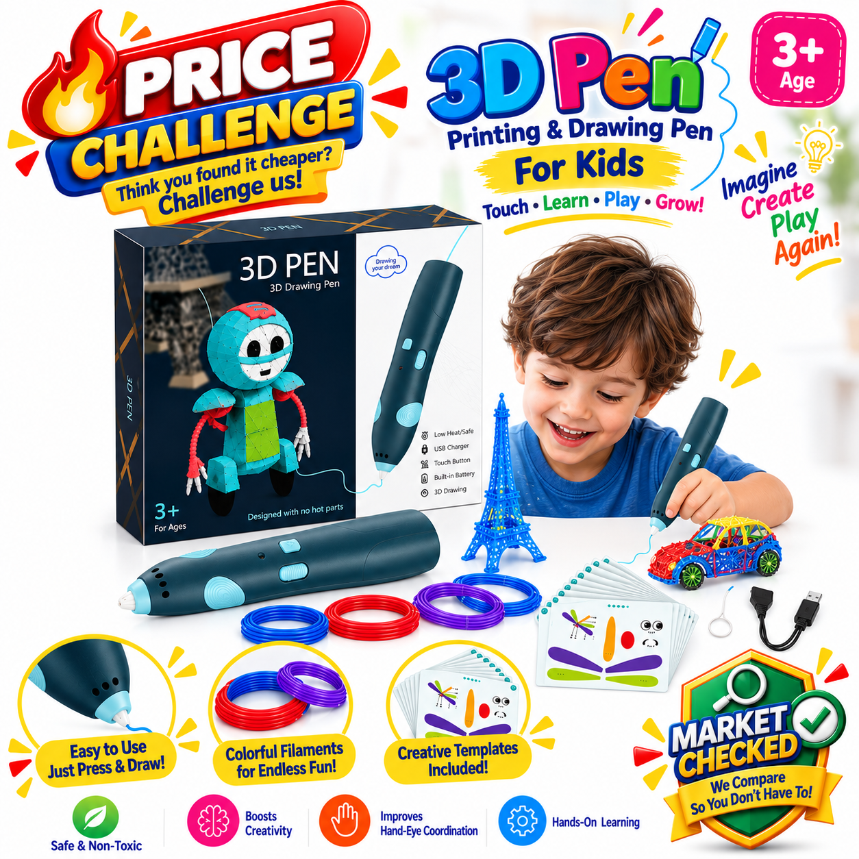3D Pen - Rechargeable Fun Printing & Drawing Tool for Kids & Artists