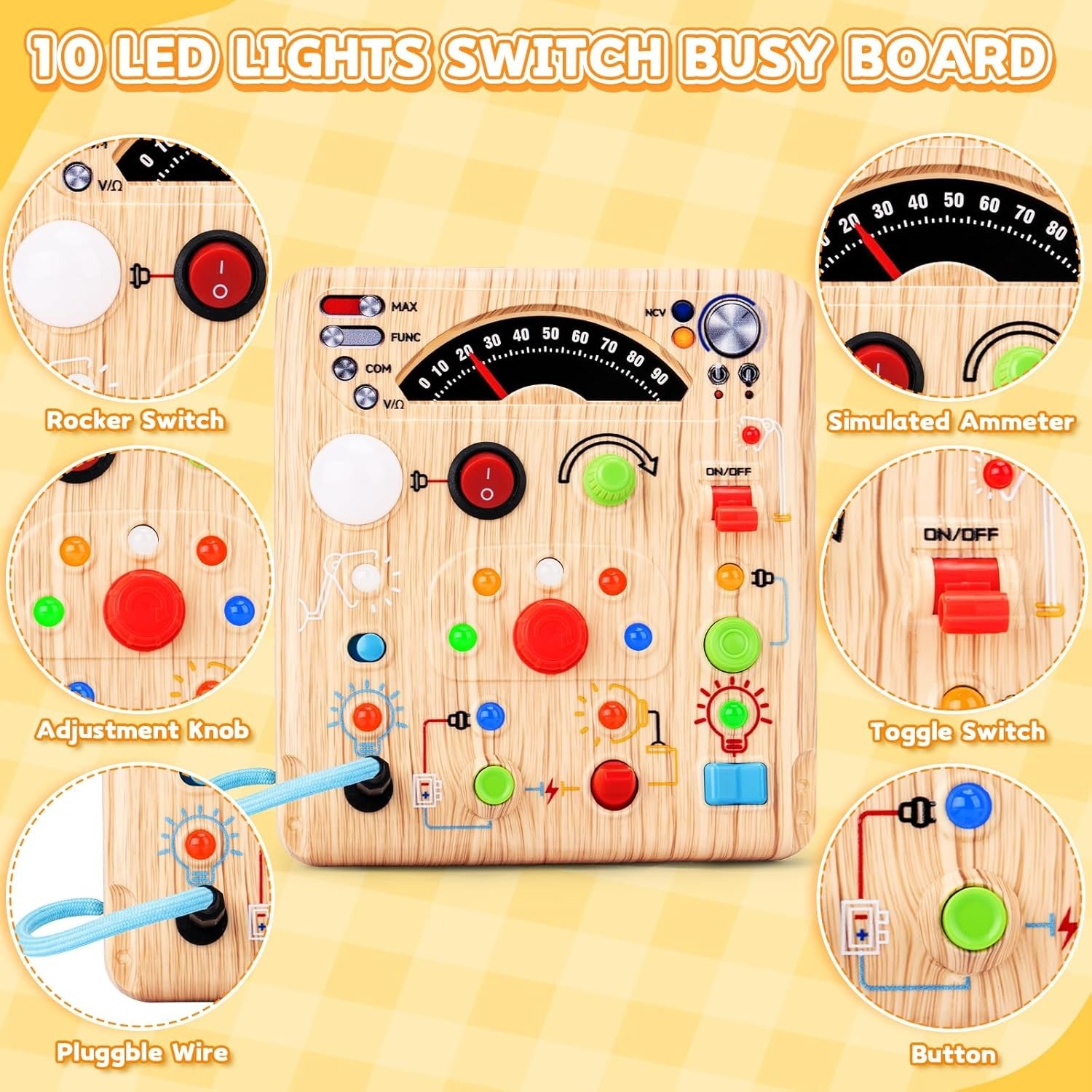 LED Lights Simulated Ammeter Activity Wooden Busy Board - 212