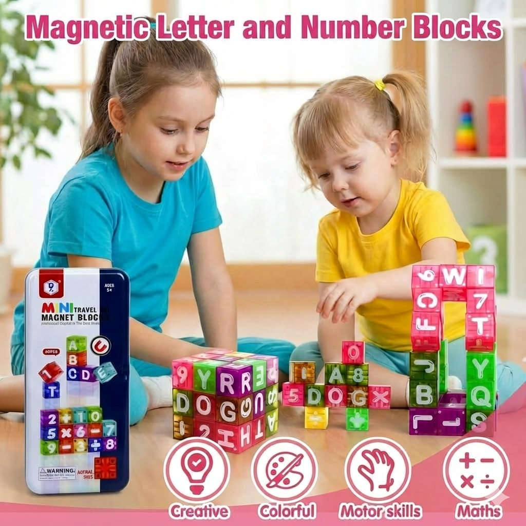 Mini Tin Travel Set Magnetic Alphabet and Number Cube 40 pieces - 194