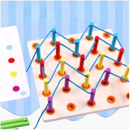 Wooden Rainbow Pegboard Lacing Activity with Patterns - 740 - Default Title - Odeez | Educational Toys Pakistan 