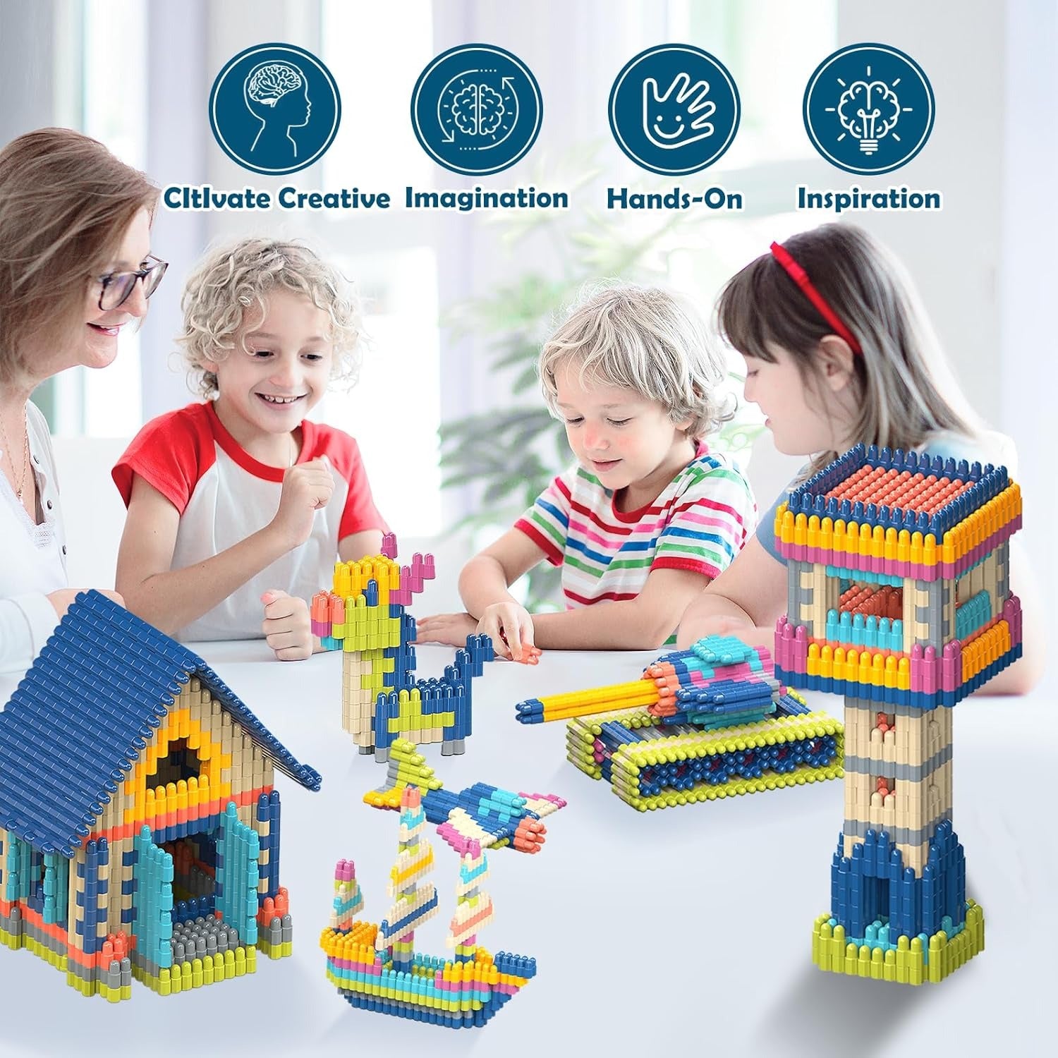 DIY Built Building Blocks Table Play Set - 140 pieces