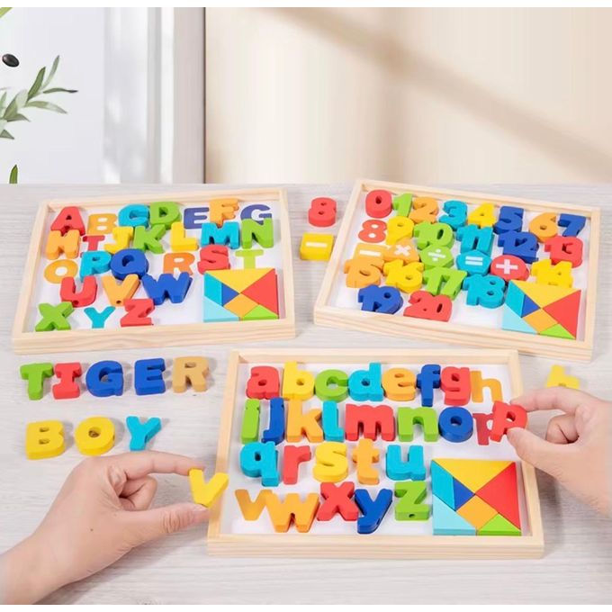 3in1 Wooden Alphabet Matching Board with Whiteboard and Tangram Puzzle