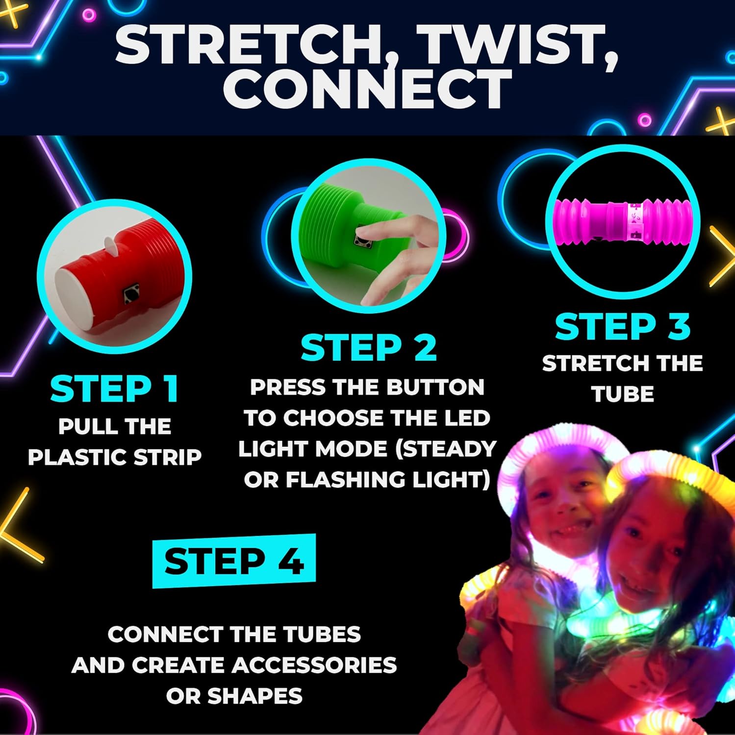 Light Glow in the Dark Stretchable Pop Tube 6 pieces - 6LG