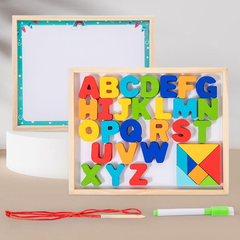 3in1 Wooden Alphabet Matching Board with Whiteboard and Tangram Puzzle