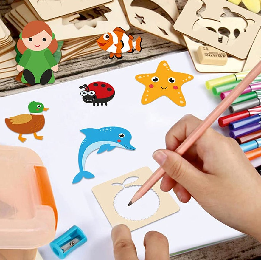 DIY Wooden Stencils Drawing Kit - 24 Pieces with Colors - Default Title - Odeez | Educational Toys Pakistan 