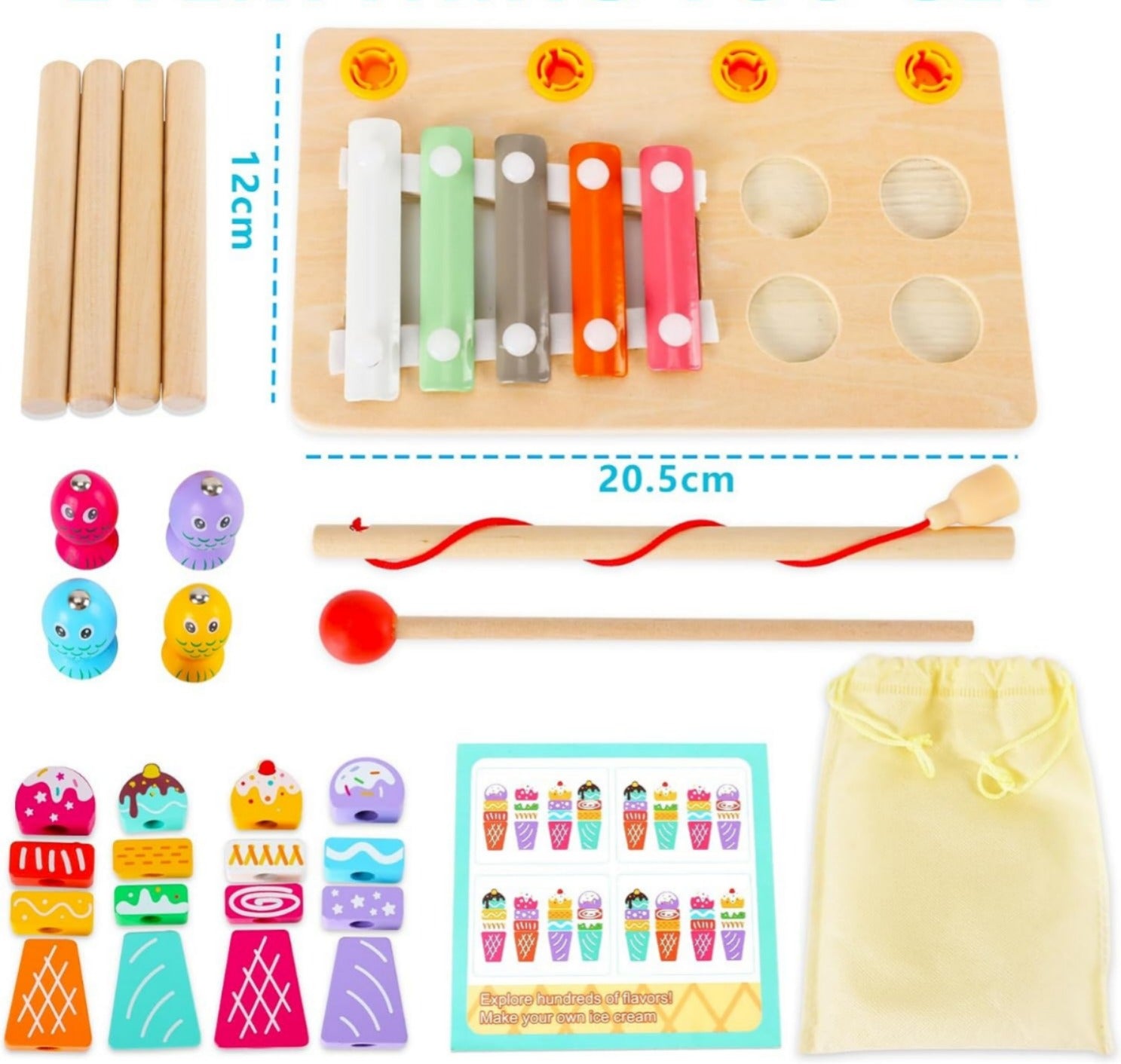 3 in 1 Fishing, Icecream Sorting and Xylophone Wooden Activity Board - 866