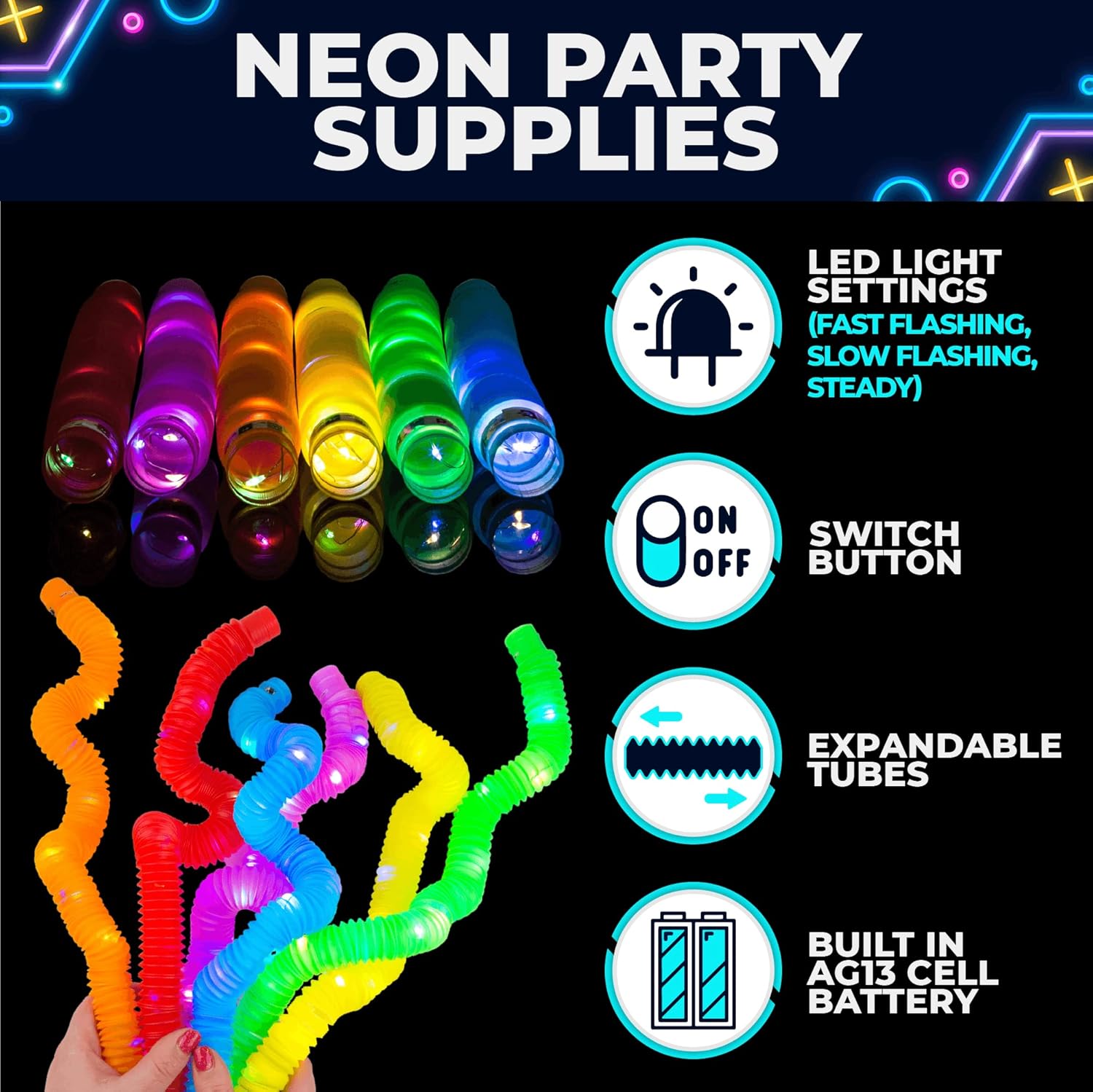 Light Glow in the Dark Stretchable Pop Tube 6 pieces - 6LG