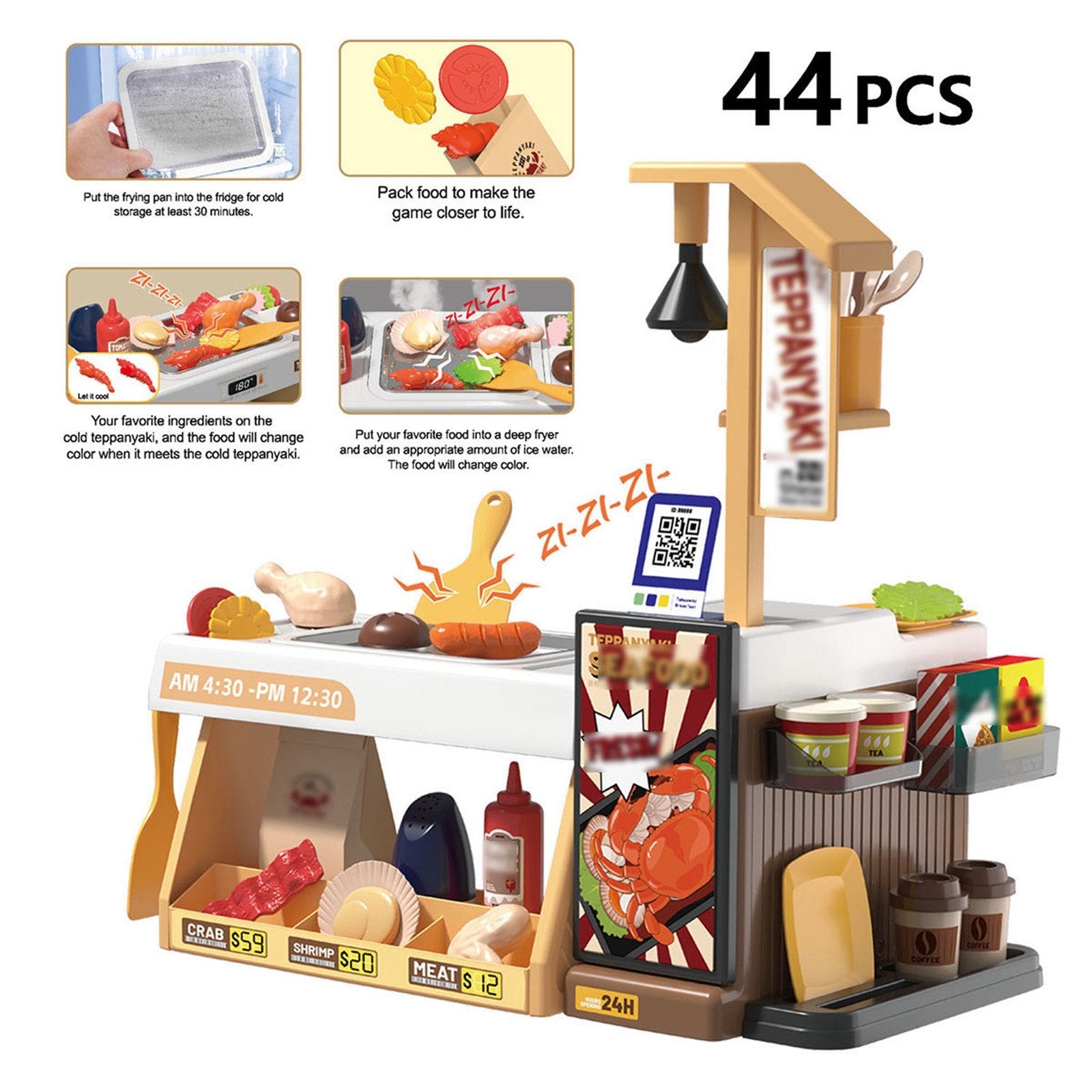 Mini Kitchen Teppanyaki Grill and Seafood Cooking 44 Pcs Pretend Play Set