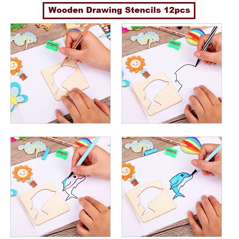 DIY Wooden Stencils Drawing Kit - 24 Pieces with Colors - Default Title - Odeez | Educational Toys Pakistan 