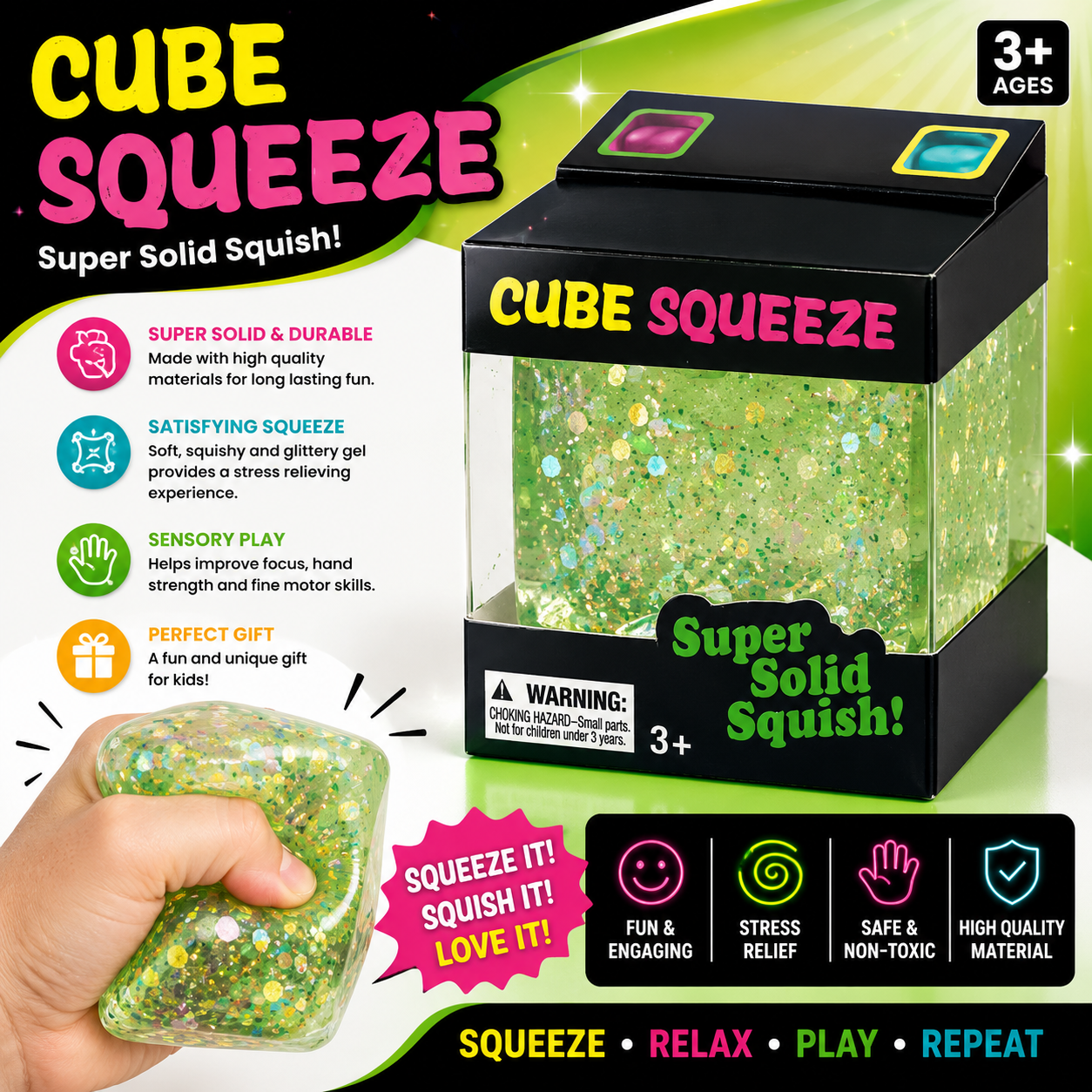 Cube Squeeze Glitter Stress Cube - Random Color