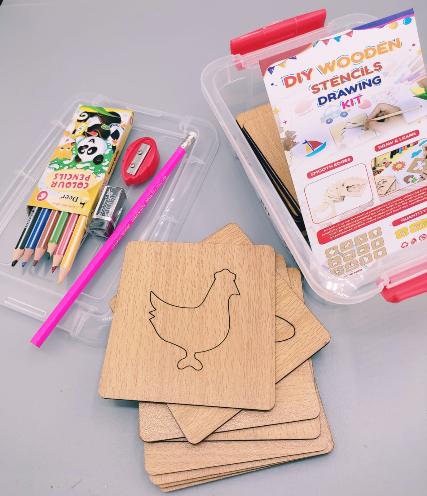 DIY Wooden Stencils Drawing Kit - 24 Pieces with Colors - Default Title - Odeez | Educational Toys Pakistan 