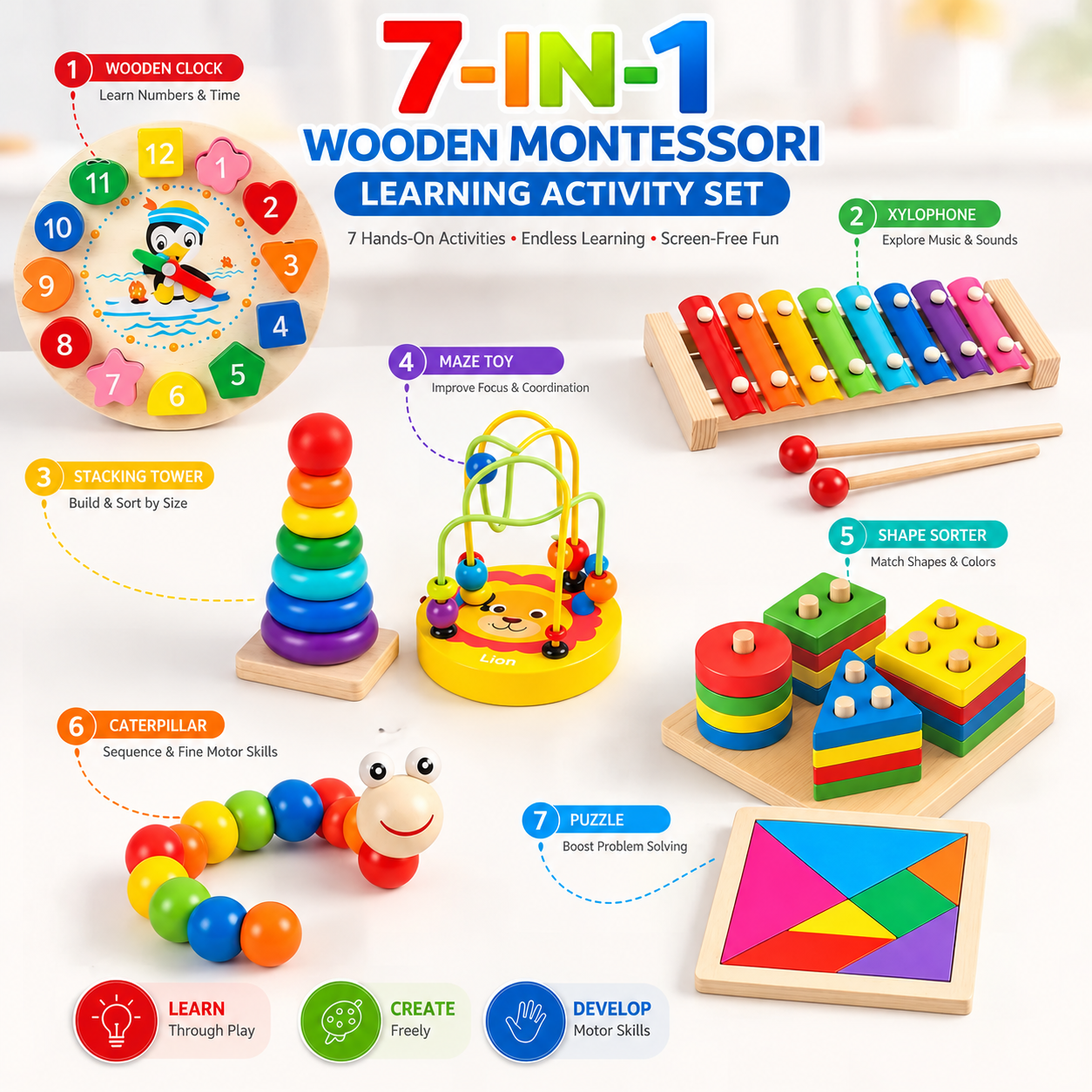 7in1 Wooden Montessori Learning Bundle Toy Set