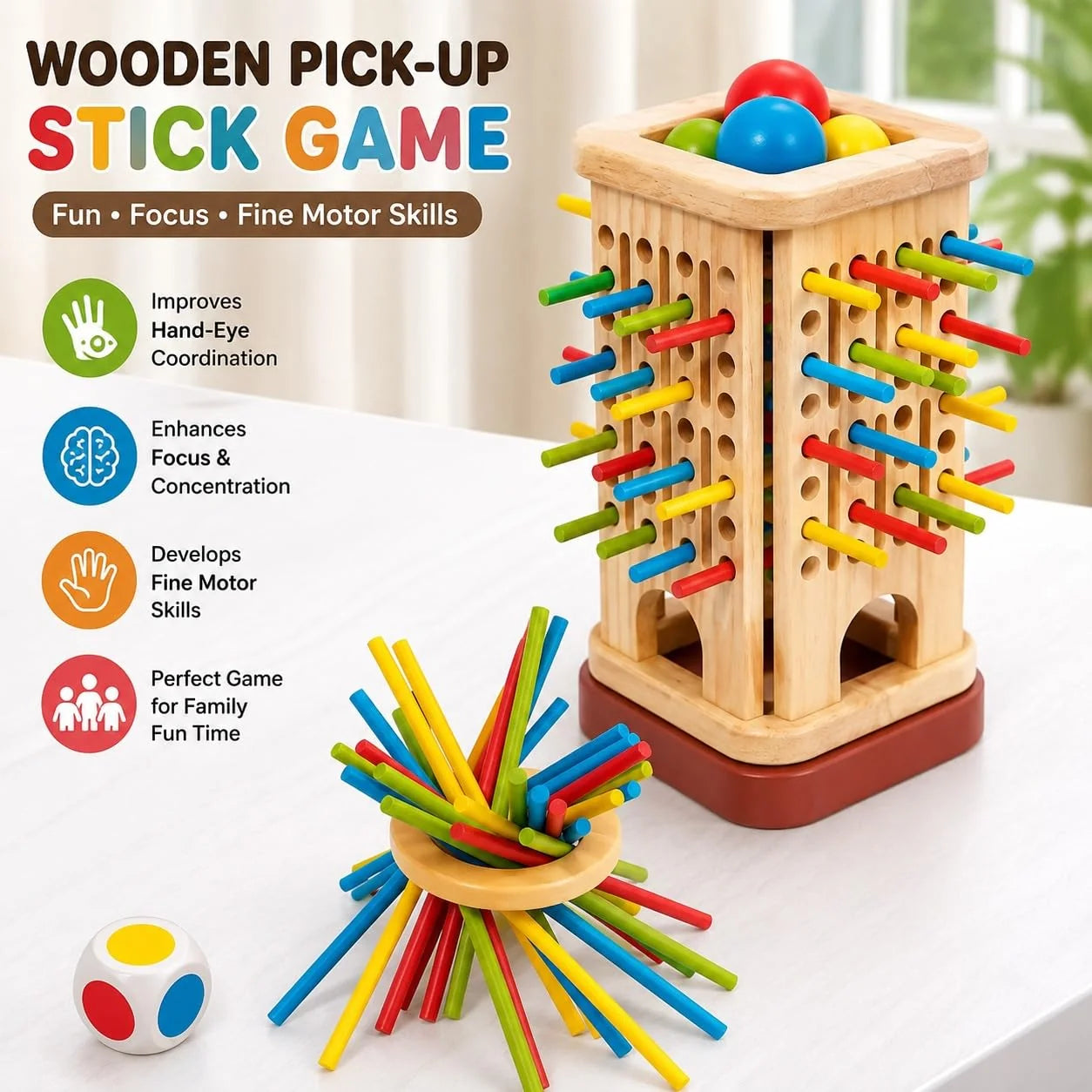 Wooden 3in1 Stick Pulling Ball Drop Tower Balance Activity Toy
