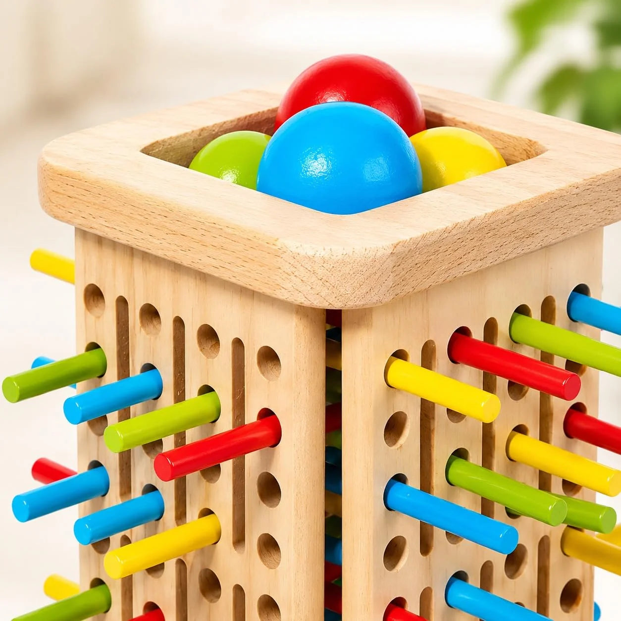 Wooden 3in1 Stick Pulling Ball Drop Tower Balance Activity Toy