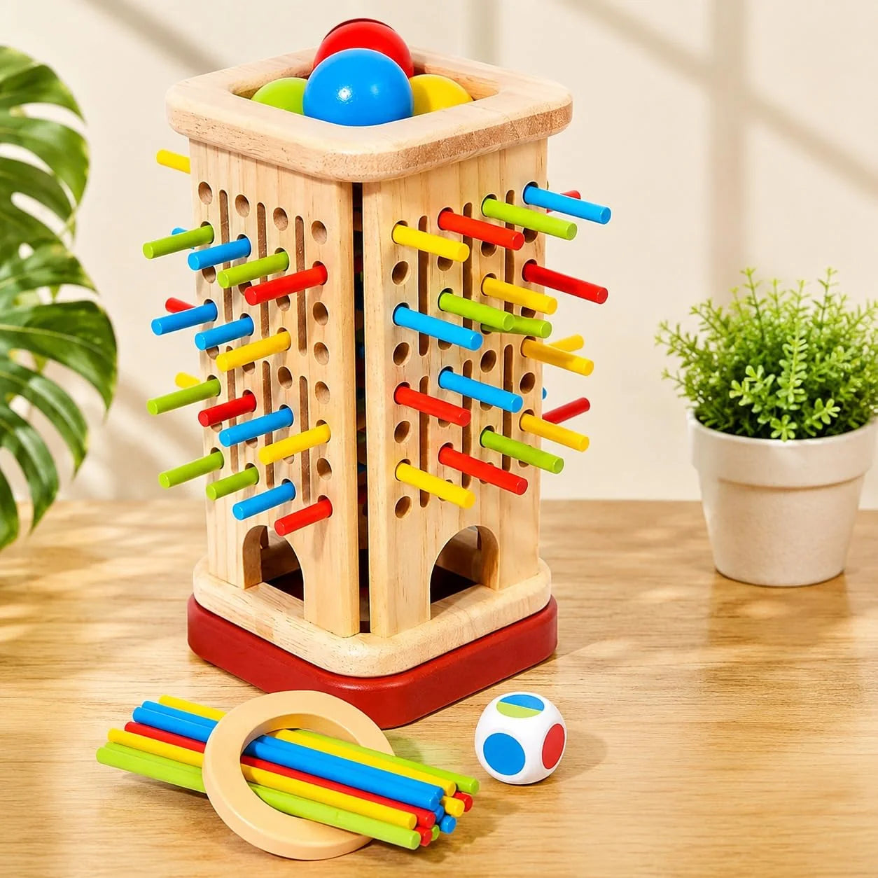 Wooden 3in1 Stick Pulling Ball Drop Tower Balance Activity Toy