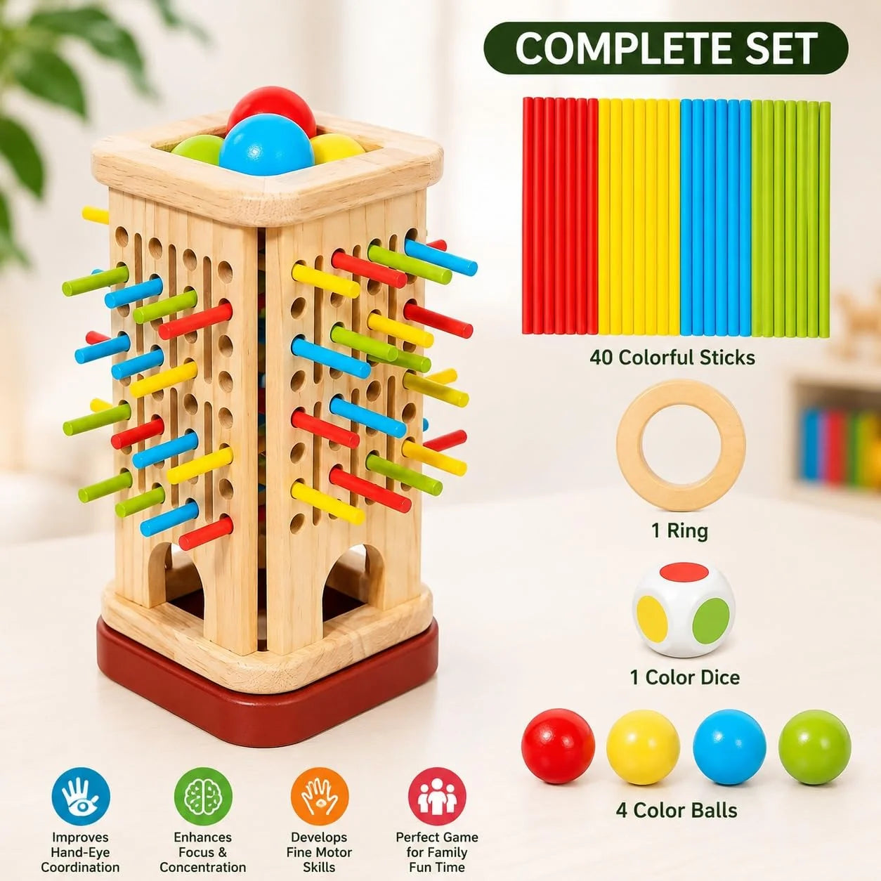 Wooden 3in1 Stick Pulling Ball Drop Tower Balance Activity Toy
