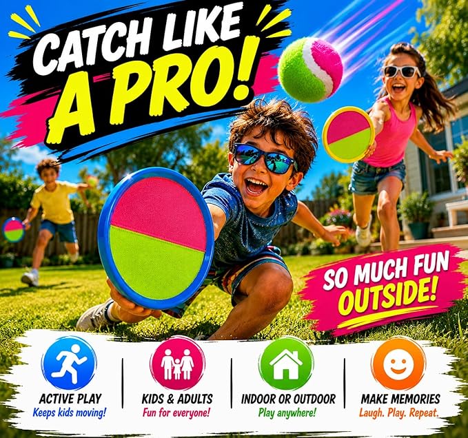 Kids Catch & Stick Paddle Ball Game Set Indoor & Outdoor Toss Toy