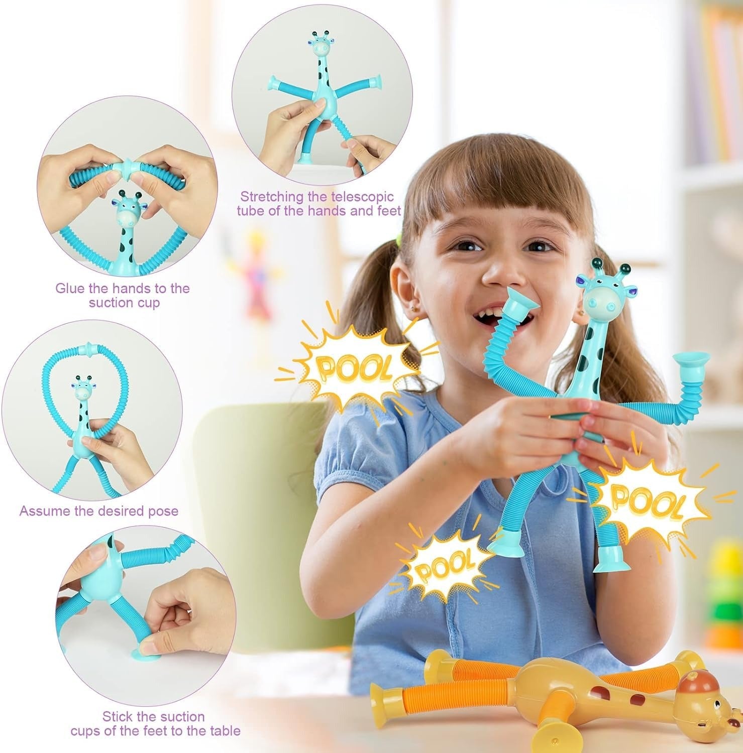 Suction Cups Sensor Toys Giraffe Pop Tubes Fidget Toy - Blue-Pink-Purple-Yellow - Odeez | Educational Toys Pakistan 