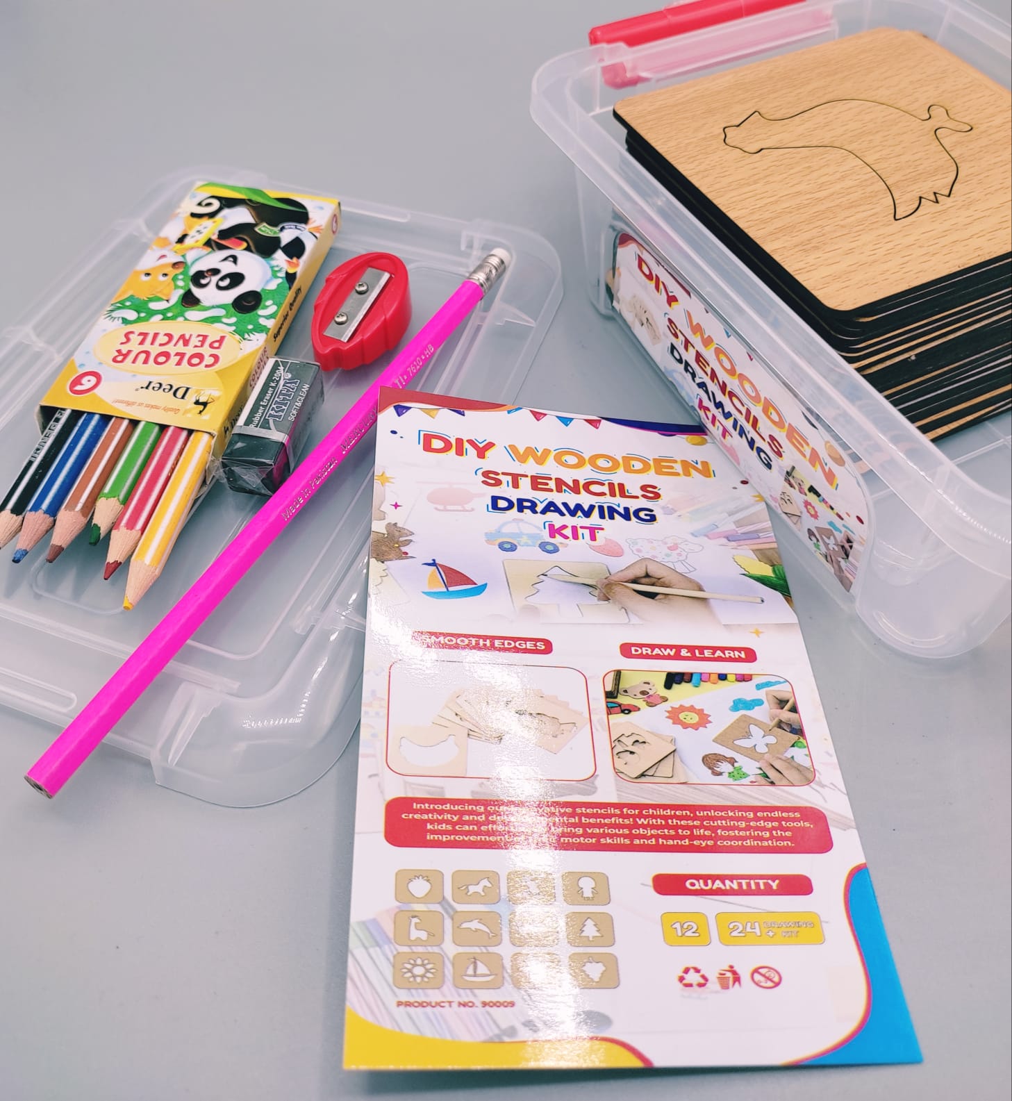 DIY Wooden Stencils Drawing Kit - 24 Pieces with Colors - Default Title - Odeez | Educational Toys Pakistan 